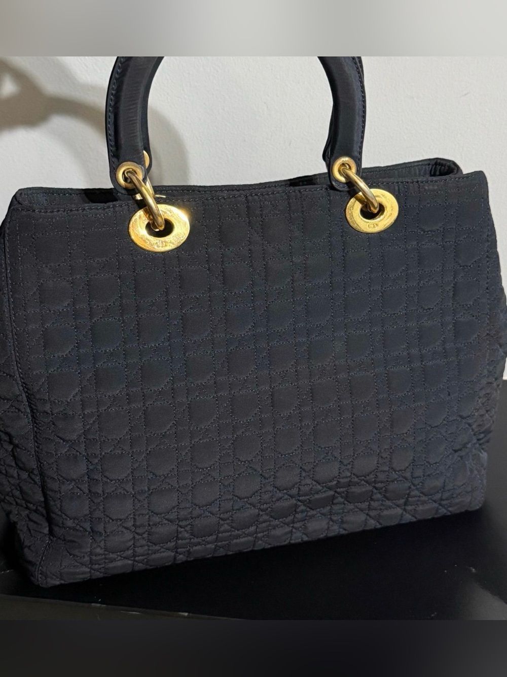 Dior Lady Dior Nylon Cannage Tote Black Gold Charm Medium Handbag - Picture 3 of 5